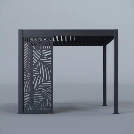 Pergola frame with two fully enclosed laser-cut panels, leaf design, and louvred roof, photographed in a studio setting.