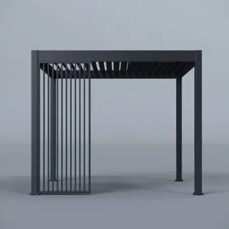 Pergola frame with partial vertical slatted screens, featuring black laser-cut leaf-patterned privacy panels and louvred roof, studio setup.