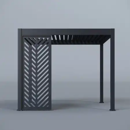 Pergola fully enclosed with three aluminium slatted screens and louvred roof, styled on a grey studio background.