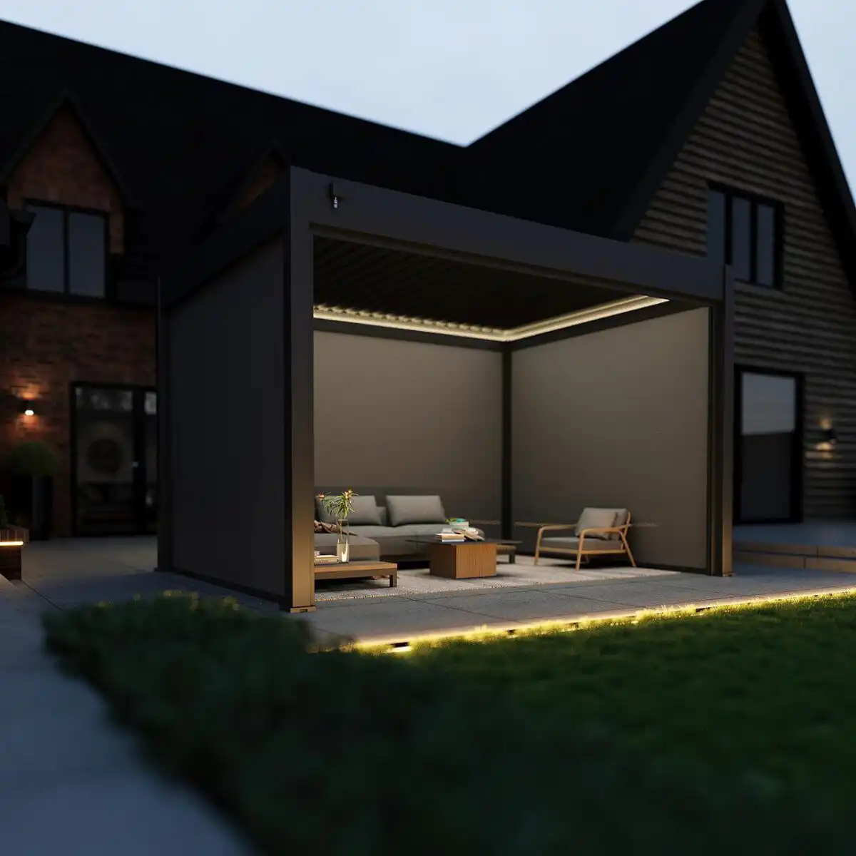 Hygge™ Aluminium Pergola With Lighting System & 3 Wind Proof Blinds
