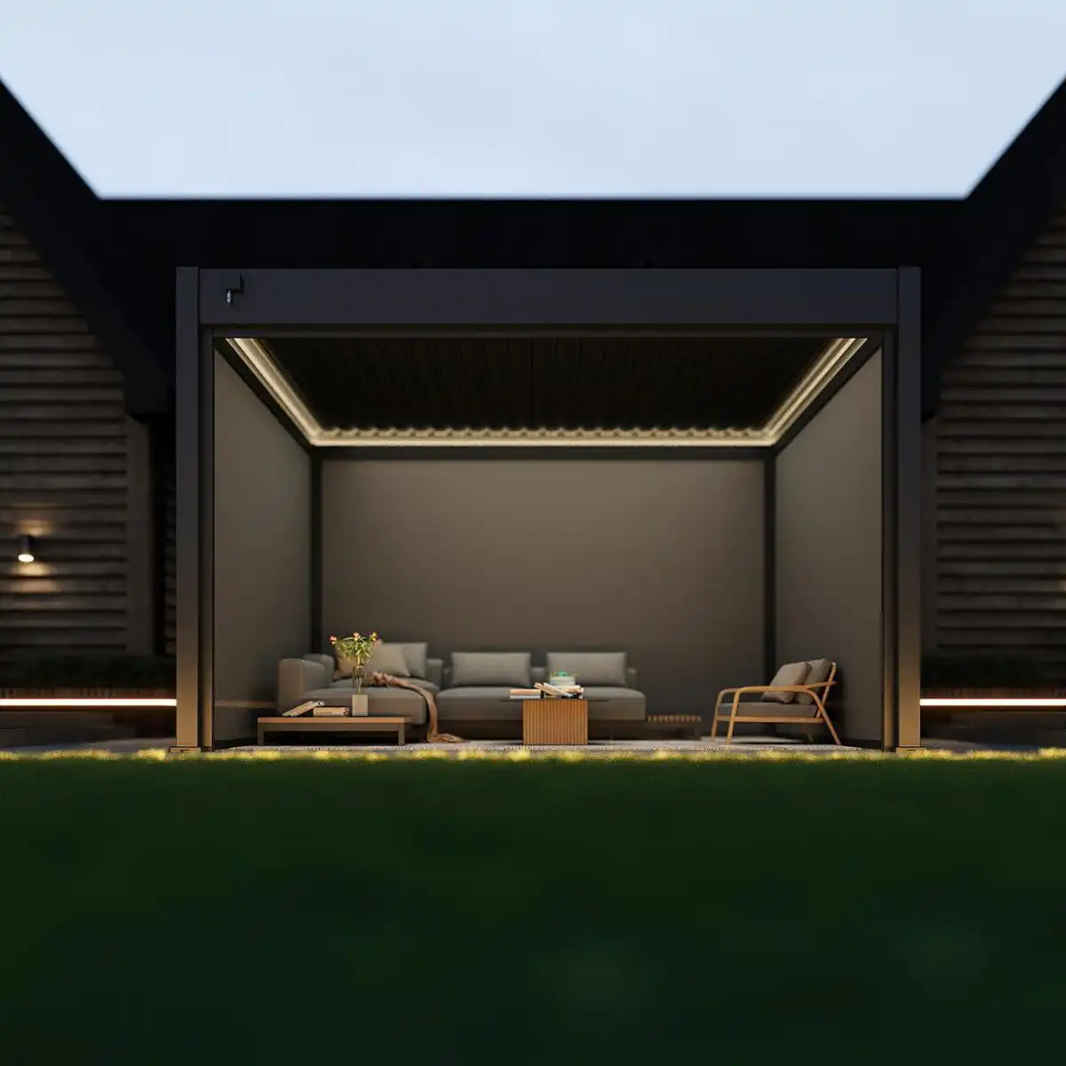 Hygge™ Aluminium Pergola With Lighting System & 3 Wind Proof Blinds